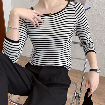 Damen Langarmshirt Maritimes Streifenmuster Weiter Rundhals