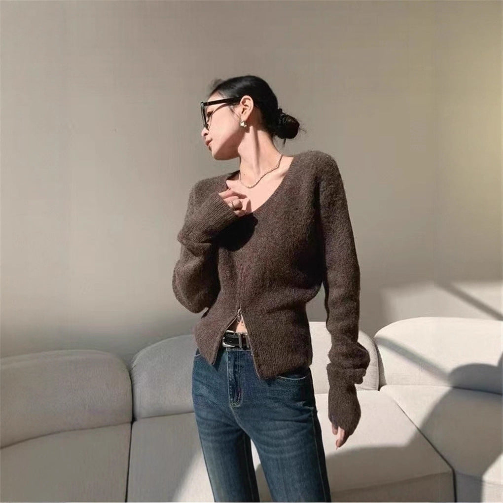 Damen Strickcardigan V-Ausschnitt Reißverschluss Norvielle