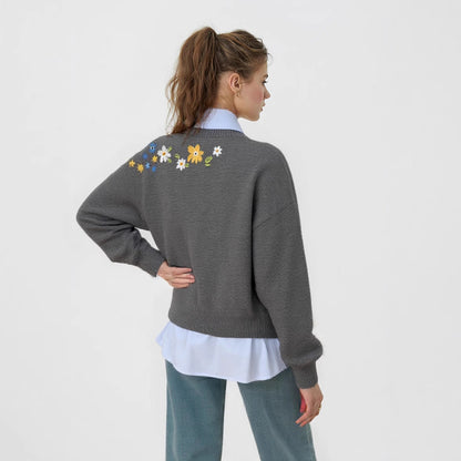 Damen Pullover Lässig Florales Stickdesign Weite Passform Norvielle
