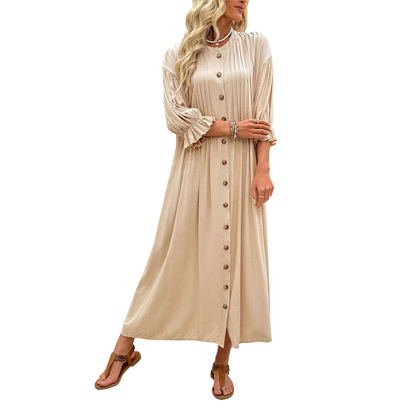 Damen Knielanges Freizeitkleid mit Raffärmeln und Knopfleiste