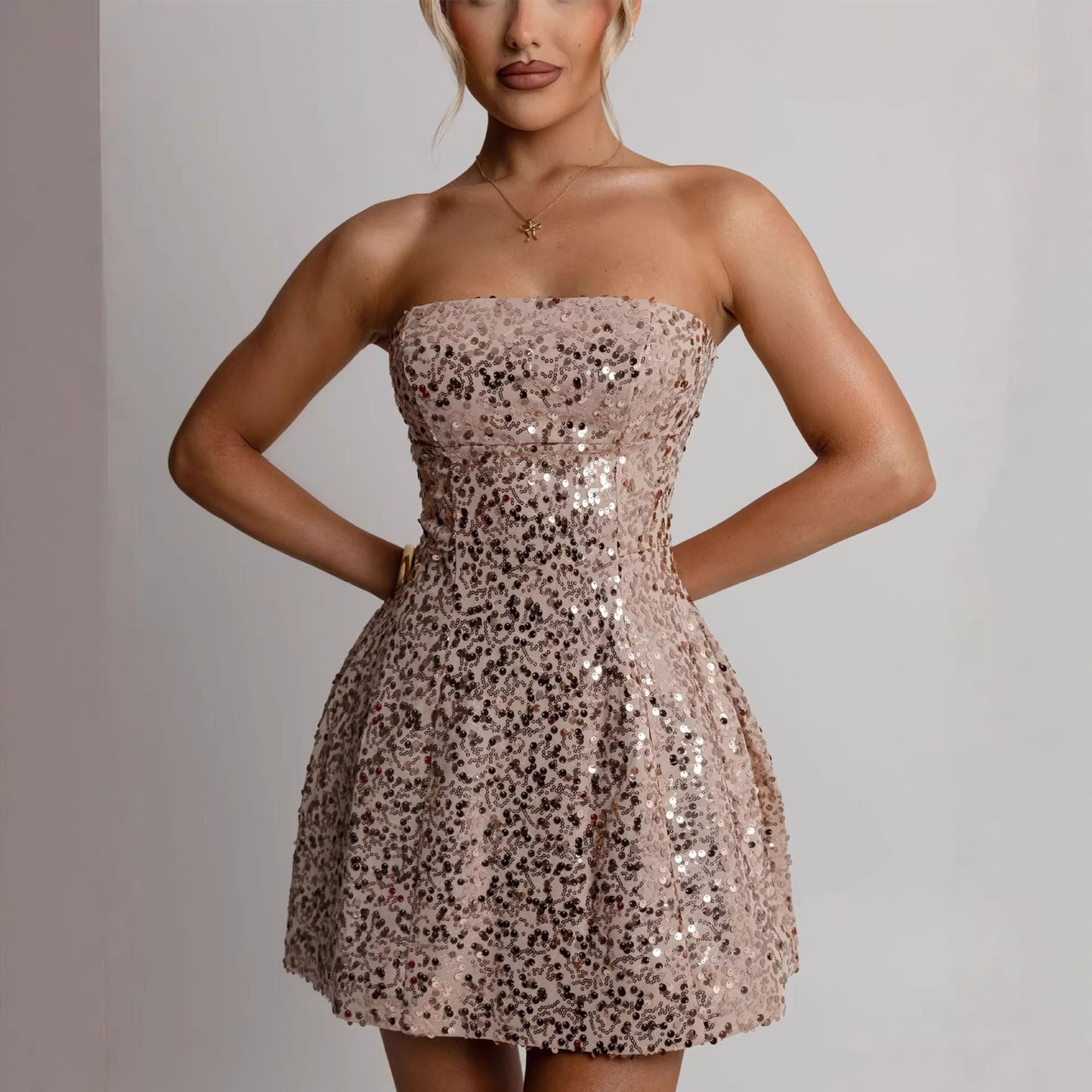 Damen Cocktailkleid Pailletten Schulterfrei Norvielle