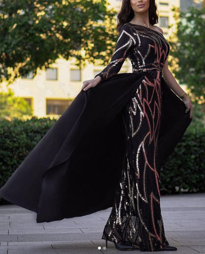 Damen Maxikleid Glitzernd Cape Elegant