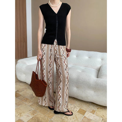 Damen Palazzo Hose Elastischer Bund Geometrisches Muster Beige