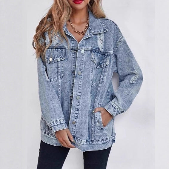 Damen Oversized Denimjacke Ripped Details