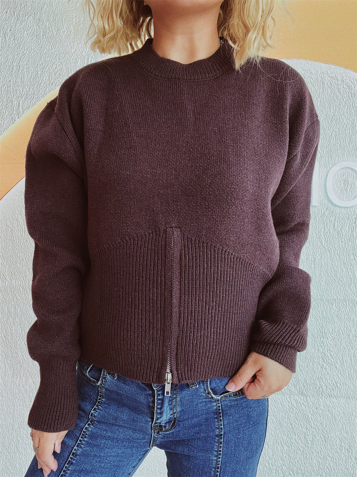 Damen Pullover Strukturiert Reißverschluss Locker Norvielle