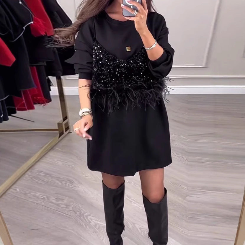 Damen Sweatkleid mit Pailletten und Federn Norvielle - Norvielle