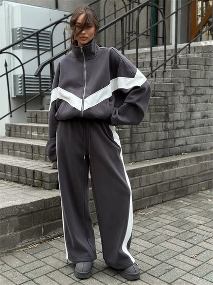 Damen Sportlicher Jogginganzug Hochkragen Kontraststreifen Norvielle