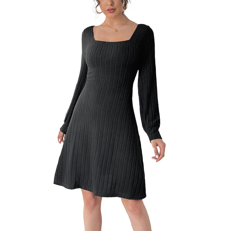 Damen Strickkleid Eckiger Ausschnitt Länge Knie