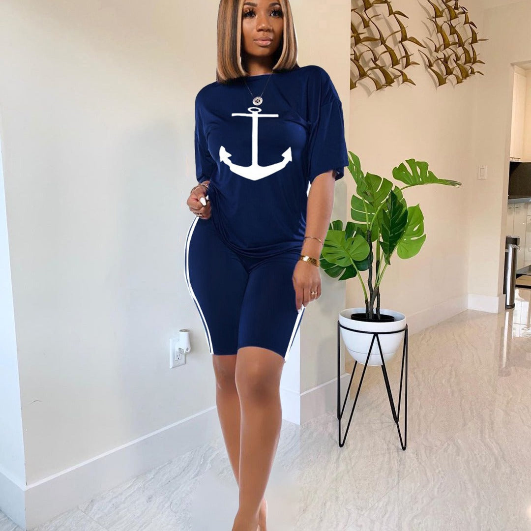 Damen Kurzarm-Kleid Maritimes Ankerdesign Weiß