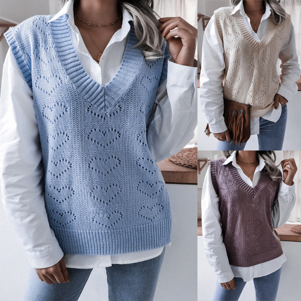 Damen Strickweste V-Ausschnitt Herzmuster - Norvielle
