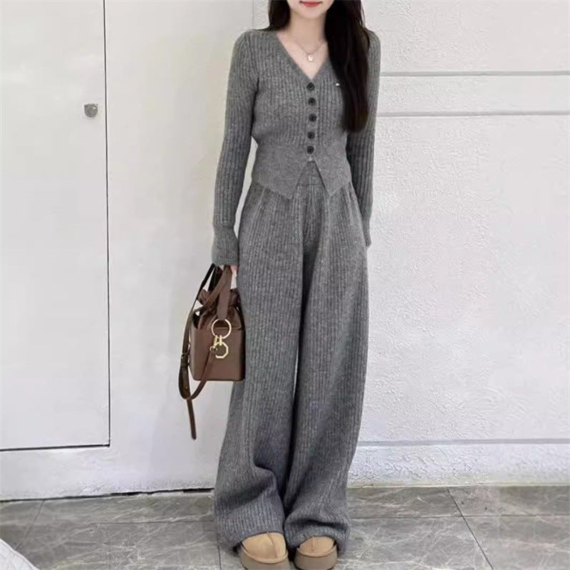 Damen Strickanzug Lässiger Schnitt Mit Knöpfen Beige
