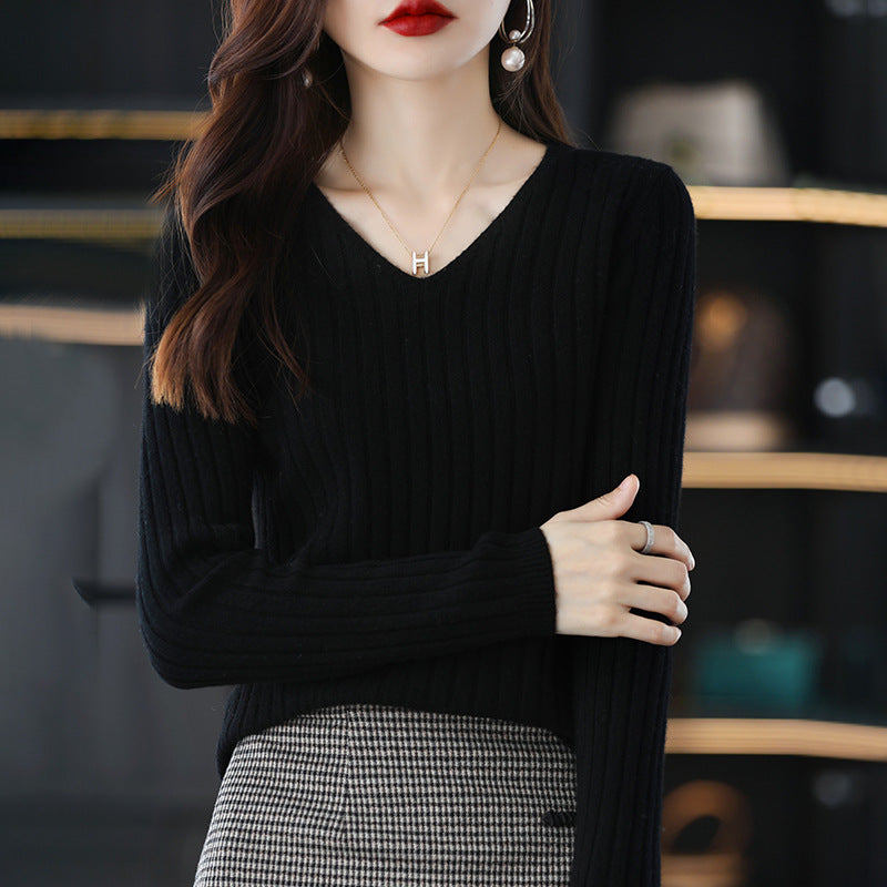 Damen Strickpullover V-Ausschnitt Feinripp
