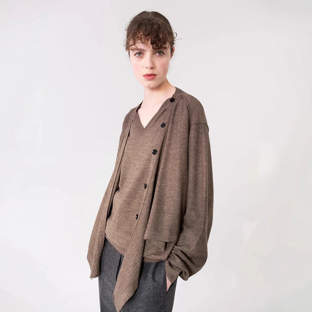 Damen Strickcardigan Asymmetrisch Knöpfe Beige Norvielle
