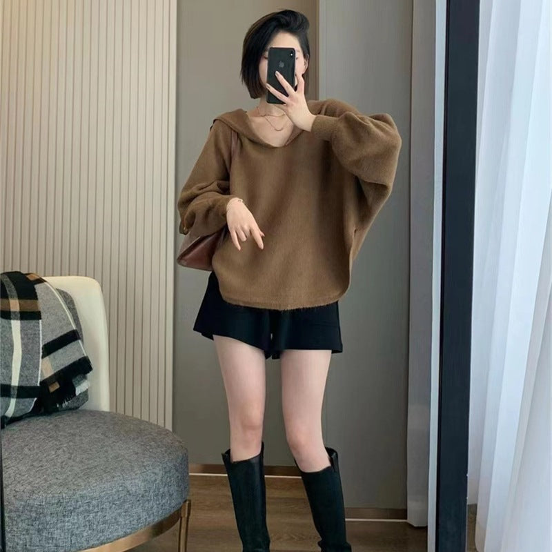 Damen Oversized Strickpullover Kapuze V-Ausschnitt Norvielle