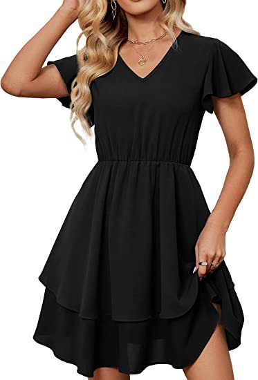 Damen Freizeitkleid Fließender Rock Rüschenärmel Norvielle