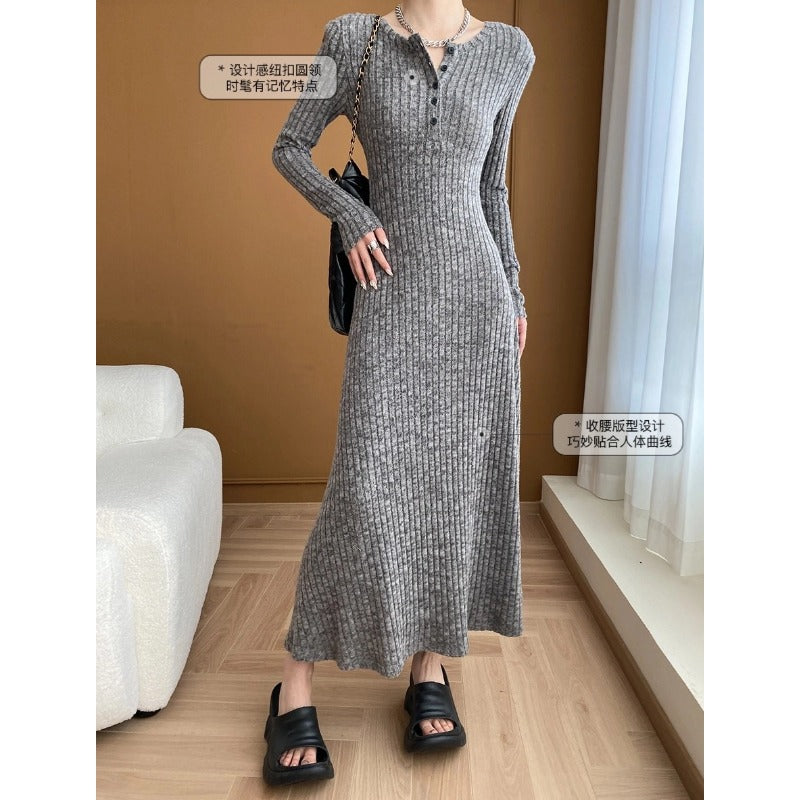 Damen Strickkleid Lang Knopfleiste Figurbetont