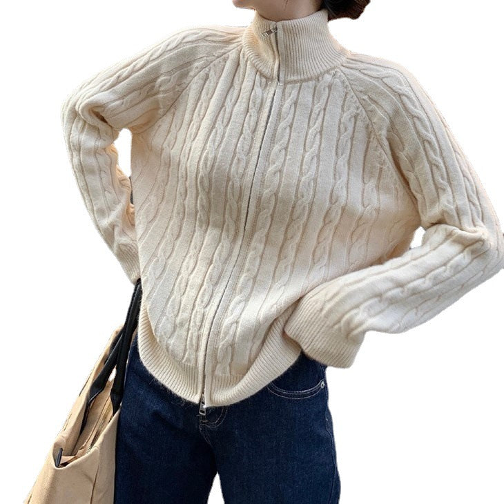 Damen Strickjacke Zopfmuster Hochkragen Norvielle