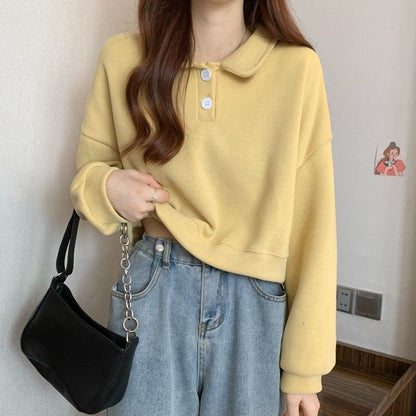 Damen Sweatshirt Kurzarm mit Kragen und Knöpfen Norvielle