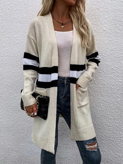 Damen Grobstrick Cardigan Lässige Streifen Tiefen Taschen Beige