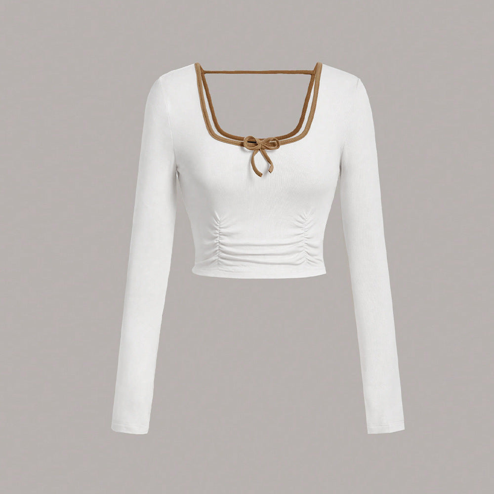 Damen Cropped Langarmshirt Quadrat-Ausschnitt Knoten-Detail Weiße - Norvielle