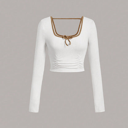 Damen Cropped Langarmshirt Quadrat-Ausschnitt Knoten-Detail Weiße - Norvielle