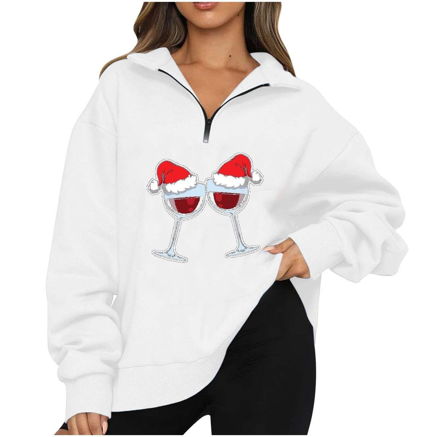 Damen Oversized Pullover Reißverschluss Party-Motiv Norvielle