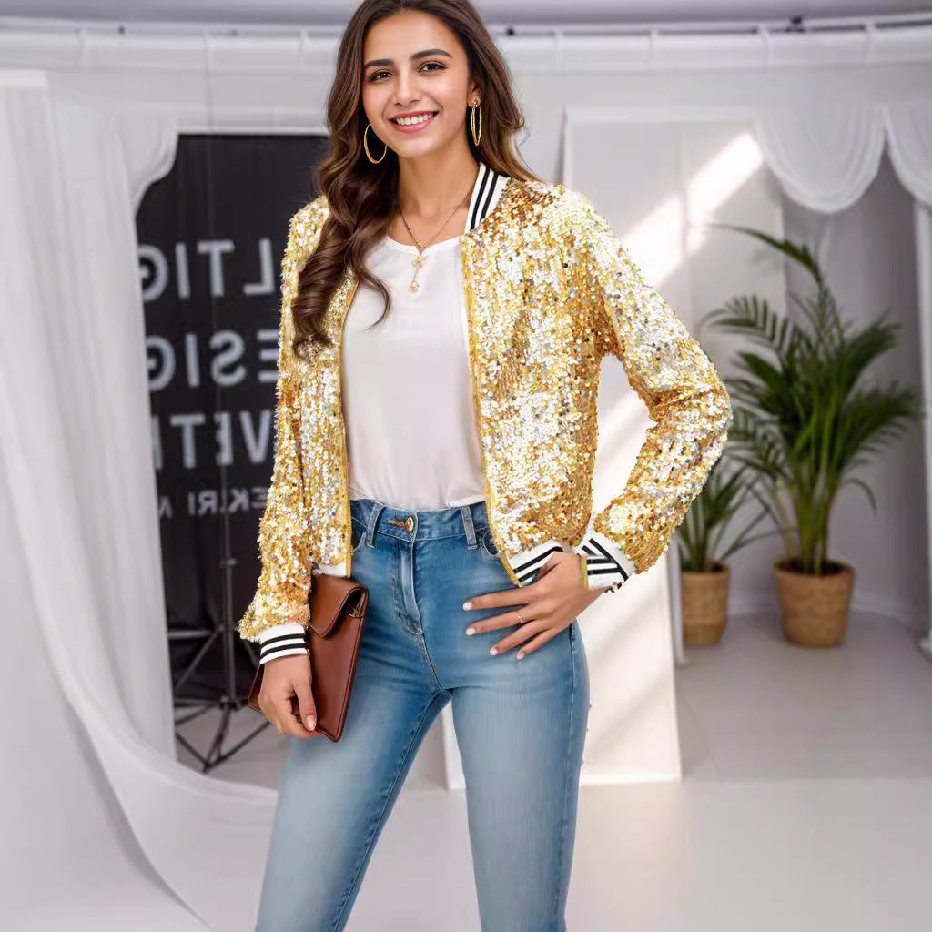 Damen Glitzer-Bomberjacke Sportliche Streifen Pailletten