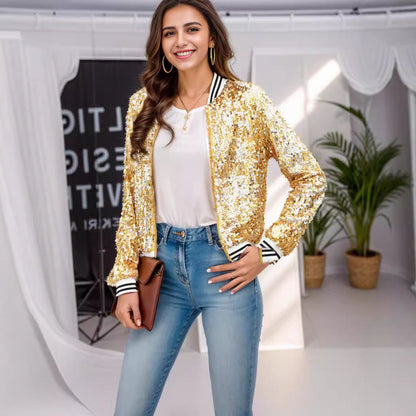 Damen Glitzer-Bomberjacke Sportliche Streifen Pailletten