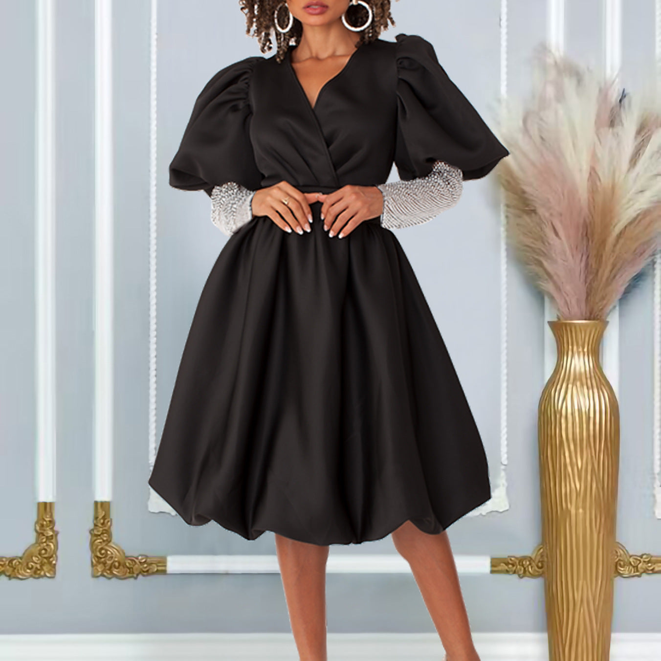 Damen Wickelkleid Puffärmel Netzoberarm Norvielle