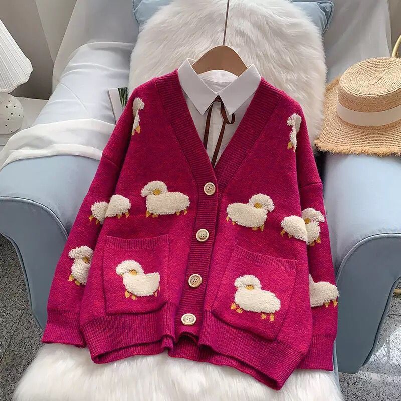 Damen Strickjacke Schafe-Motiv gemustert mit Taschen Norvielle