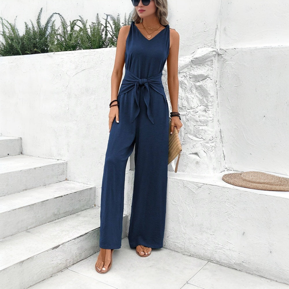 Damen Jumpsuit Gürteldetail V-Ausschnitt