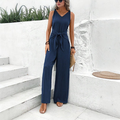 Damen Jumpsuit Gürteldetail V-Ausschnitt