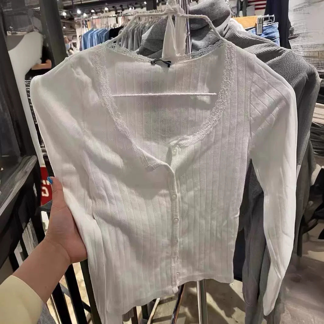 Damen Langarmshirt Spitzenverzierung Fein Norvielle