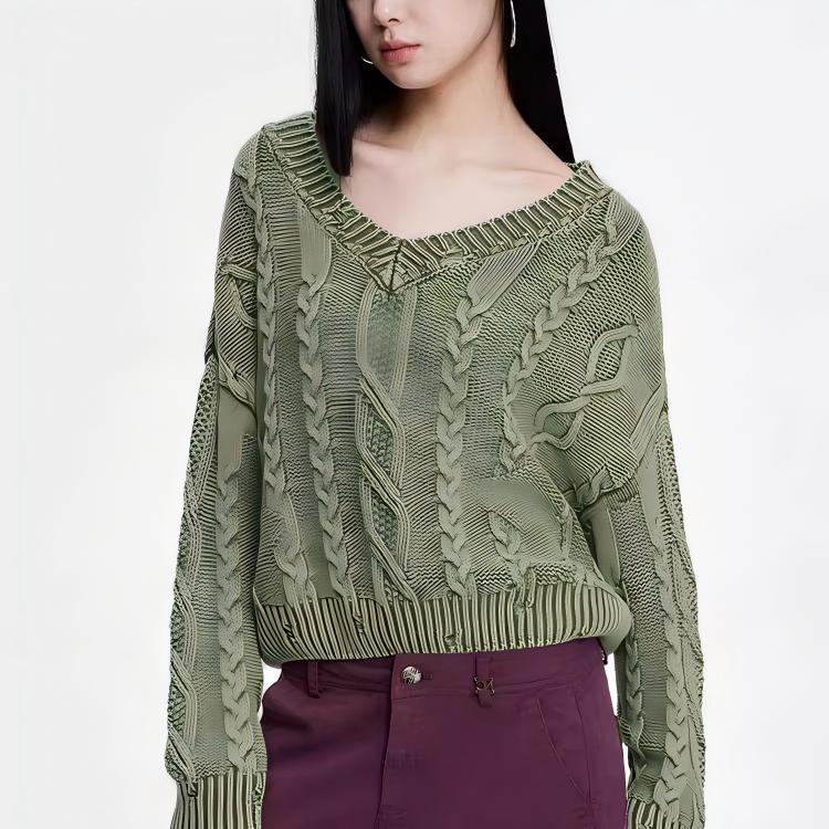 Damen Grobstrickpullover V-Ausschnitt Zopfmuster Norvielle