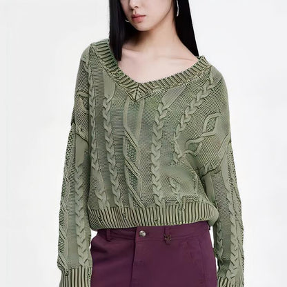 Damen Grobstrickpullover V-Ausschnitt Zopfmuster Norvielle