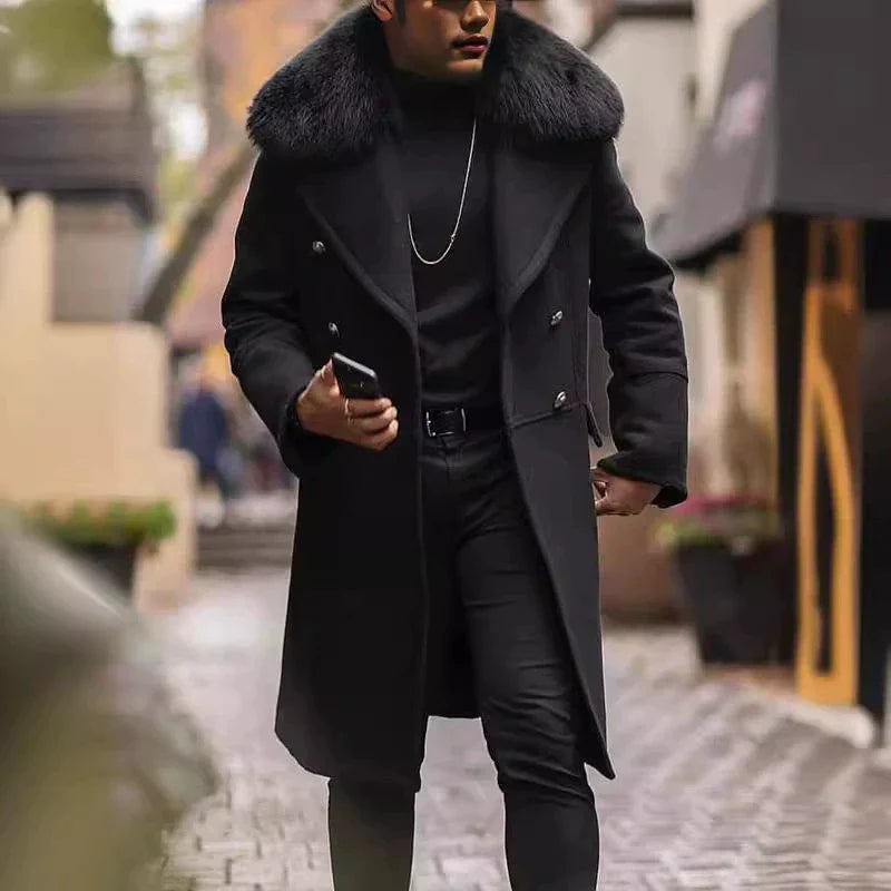 Jordan Herren Wollmantel Oversized Doppelreiher Fellkragen - Norvielle