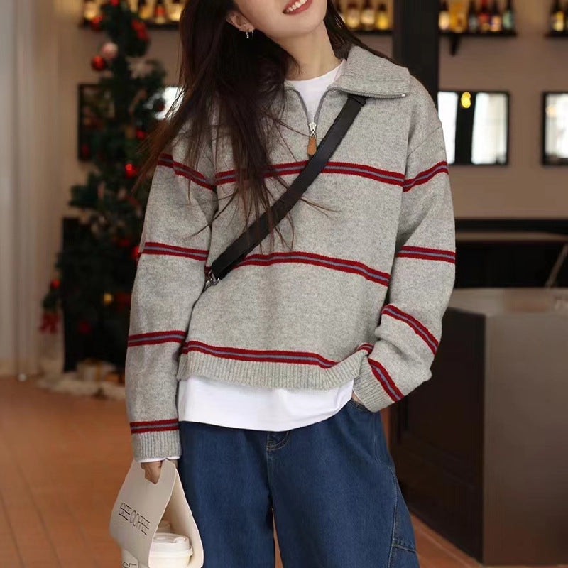Damen Strickpullover Lässig Reißverschluss Streifen Norvielle - Norvielle