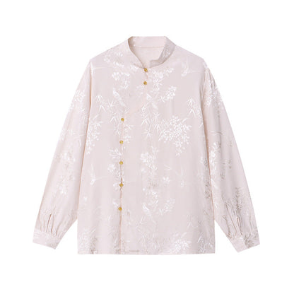 Damen Bluse Florale Stickerei Raffinierte Knöpfe Blume