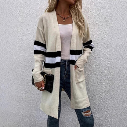 Damen Grobstrick Cardigan Lässige Streifen Tiefen Taschen Beige