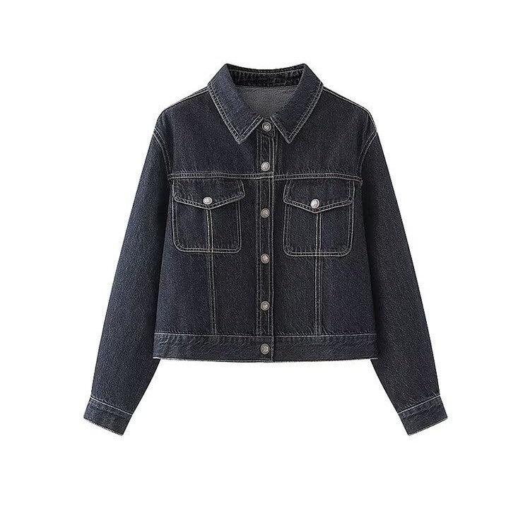 Damen Jeansjacke Klassischer Kragen 2 Brusttaschen
