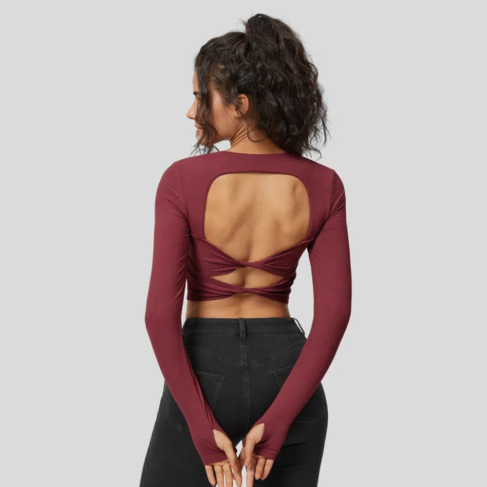 Damen Langarm Crop Rippstoff Quadrat-Ausschnitt