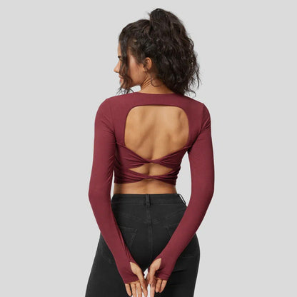 Damen Langarm Crop Rippstoff Quadrat-Ausschnitt