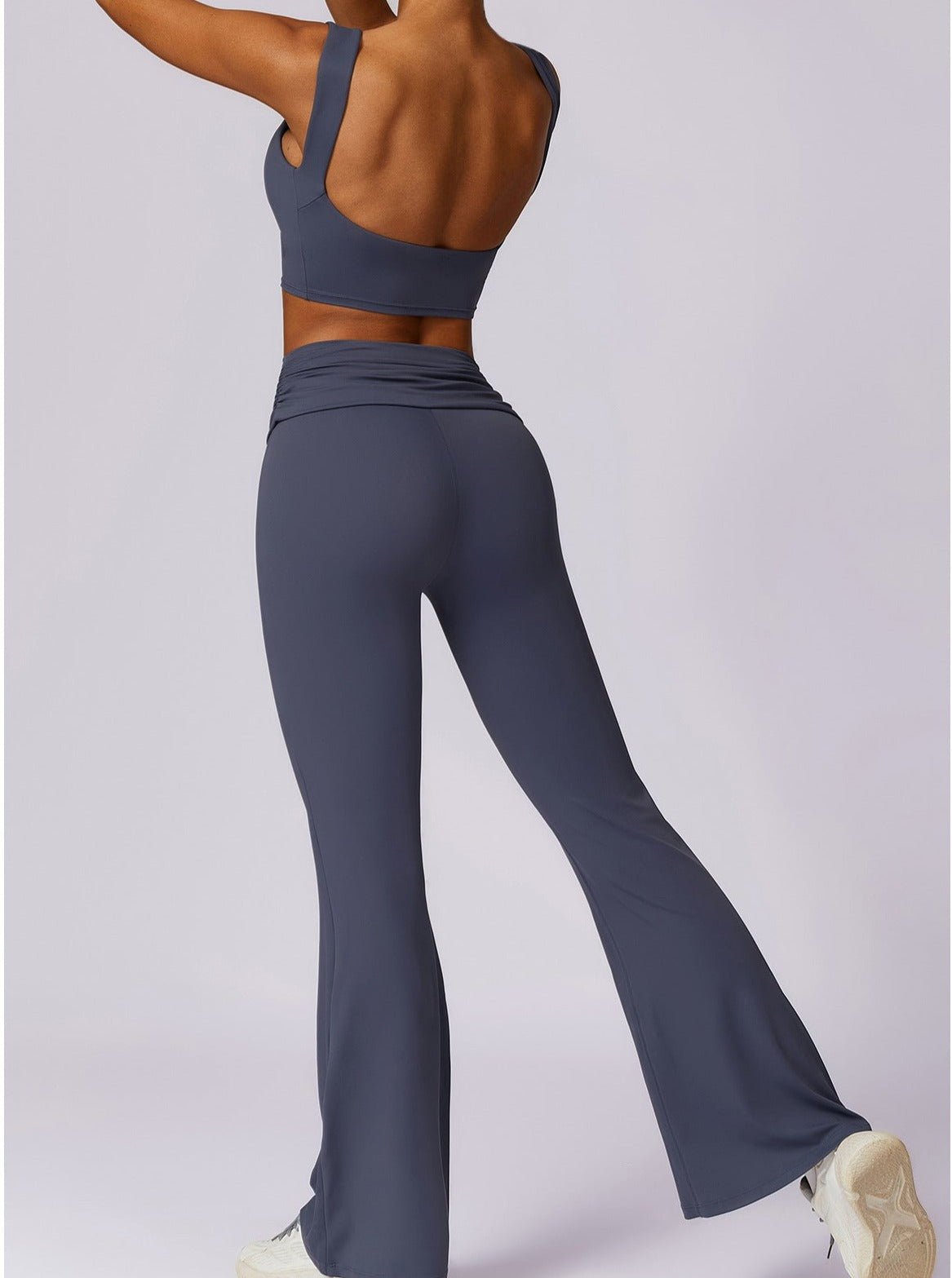 Damen High-Waist Flare Leggings Dunkelblau mit Faltbund