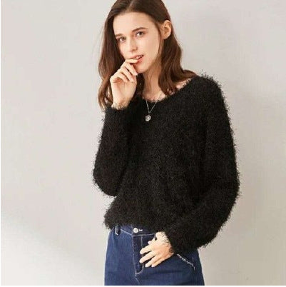 Damen Pullover V-Ausschnitt Weich Flauschig Beige