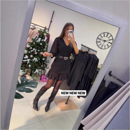 Damen Kleid mit Puffärmeln und Gürtel Norvielle