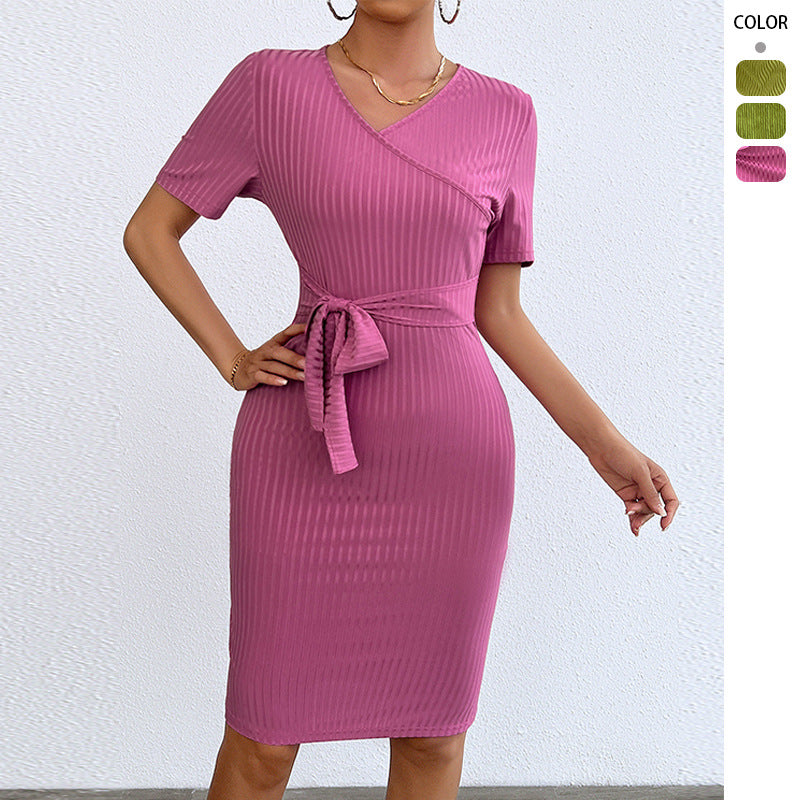 Damen Wickelkleid Gerippter Stoff Taillengürtel Schwarz - Norvielle