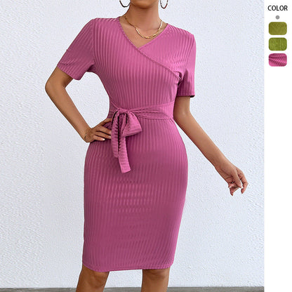 Damen Wickelkleid Gerippter Stoff Taillengürtel Schwarz - Norvielle