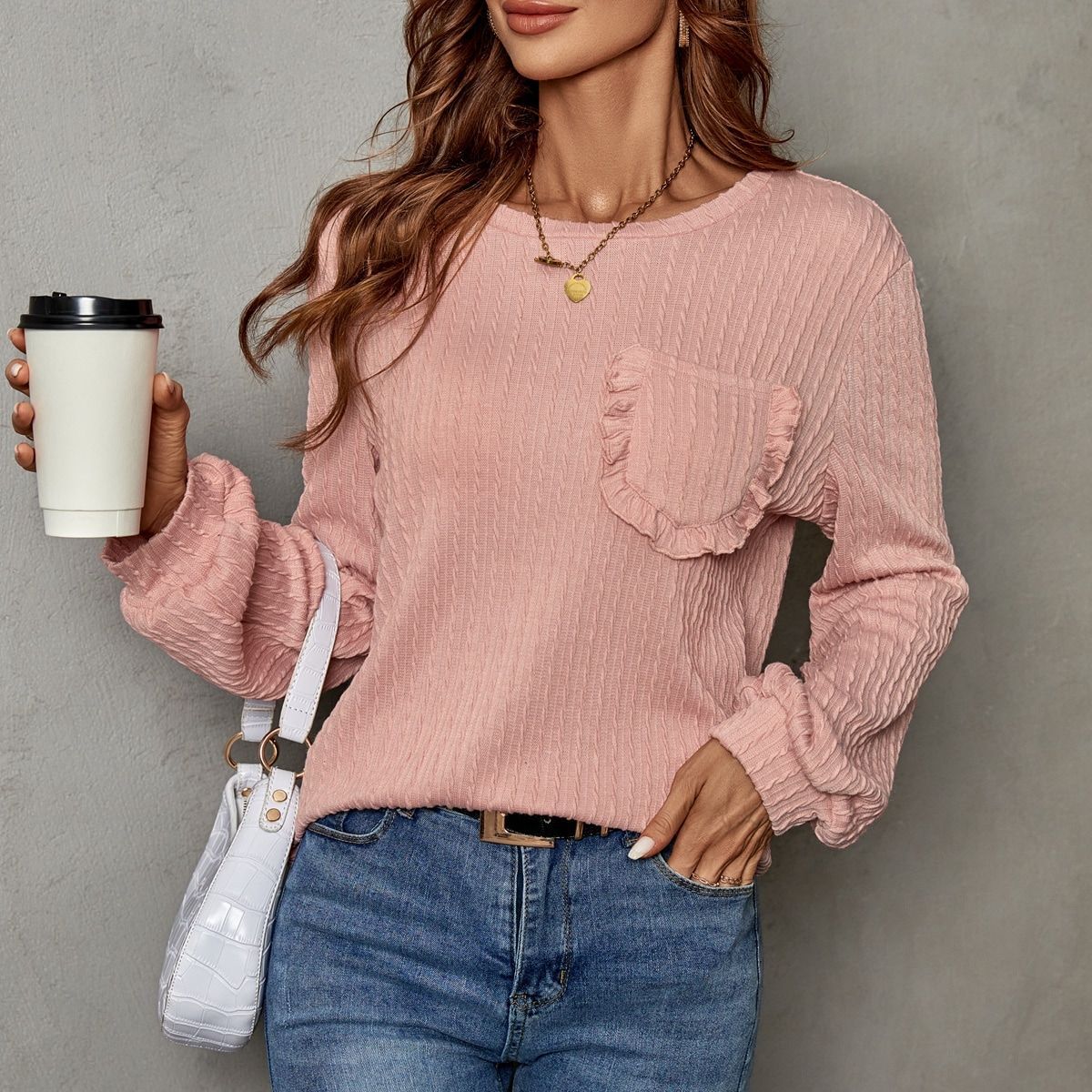 Damen Pullover Lässig Rüschendetails Taschen Beige - Norvielle