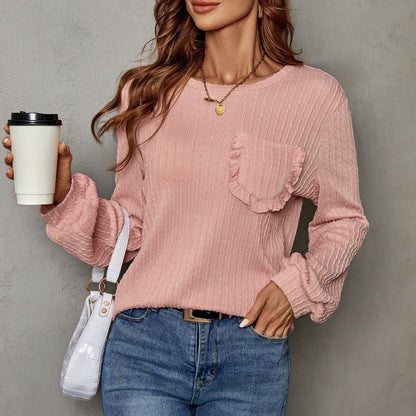 Damen Pullover Lässig Rüschendetails Taschen Beige - Norvielle