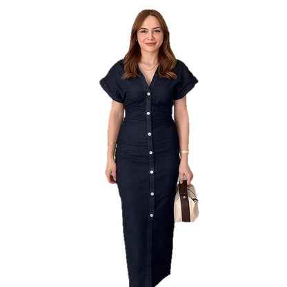 Damen Langarmkleid mit Knopfverschluss und Hemdkragen